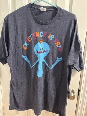 Gildan charcoal tee with multicolor lettering Rick & Morty Men’s